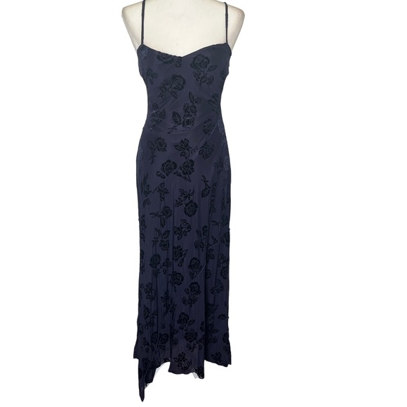 Trixxi Dresses & Skirts - Trixxi Floral Burnout Velvet Maxi Dress M Navy Blue Asymmetrical Hem Whimsigoth